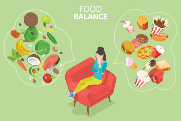 3D Isometric Flat Vector Conceptual Illustration of Food Balance 3D Isometric Flat Vector Conceptual Illustration of Food Balance, Choosing Between Healthy and Unhealthy Food atkins diet stock illustrations