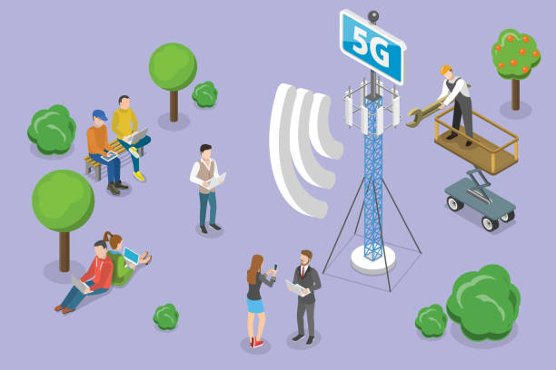 3D Isometric Flat Vector Conceptual Illustration of 5G Cell Tower vector art illustration