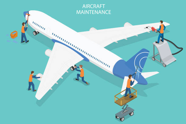 3d izometryczna płaska wektorowa ilustracja koncepcyjna obsługi technicznej samolotu - maintenance engineer obrazy stock illustrations