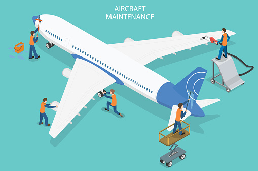 3D Isometric Flat Vector Conceptual Illustration of Aircraft Maintenance
