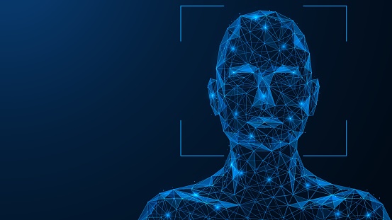 Biometric facial recognition. Identity identification technology. A low-poly construction of interconnected lines and dots. Blue background.