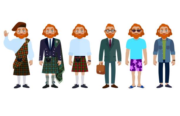ilustraciones, imágenes clip art, dibujos animados e iconos de stock de hombres escoceses con ropa nacional y moderna. ilustración vectorial plana. - falda escocesa