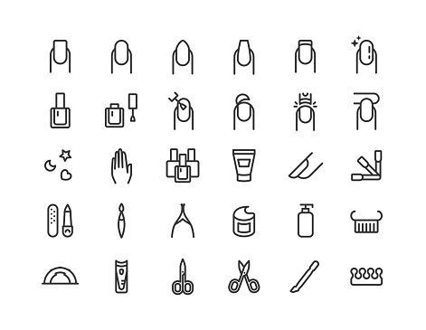 Set of nail manicure line vector icons. Editable stroke.