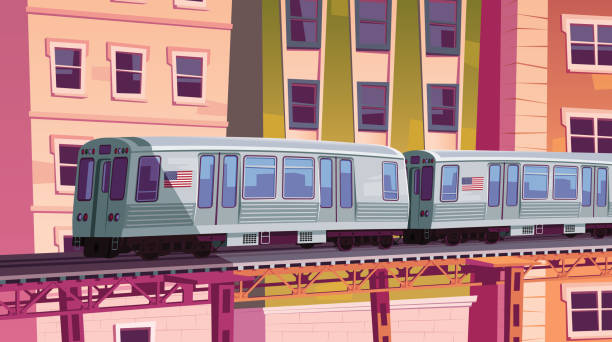 pociąg metra na ulicy chicago vintage cityscape ilustracja wektorowa - car driving front view cartoon stock illustrations