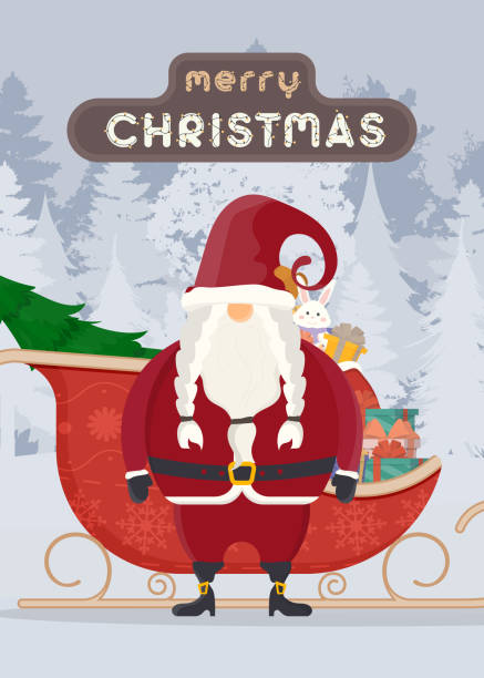 istock Merry christmas postcard. Santa claus with red sleds. Vector illustration, Cartoon style for design. 1352326755