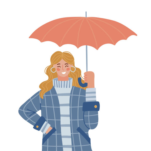 illustrations, cliparts, dessins animés et icônes de femme en manteau et swaeter sous parapluie ouvert, la protégeant de la pluie d’automne. personne en vêtements chauds et décontractés tenant un parasol et souriant. illustration vectorielle plate isolée sur fond blanc - rain women umbrella parasol