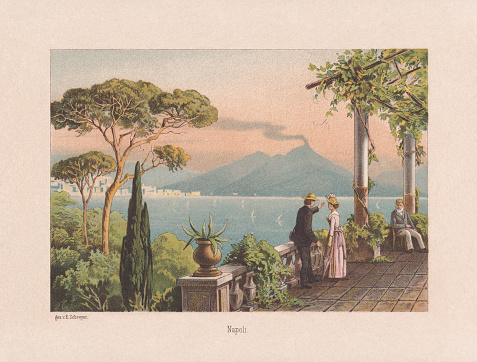 Historical view of Naples, Italy with Mount Vesuvius. Nostalgic scene from the past. Chromolithograph after a drawing by E. Schreyer (German painter, 19th century), published in 1890.