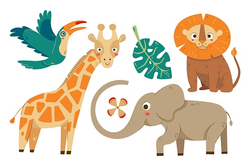 Jungle cute animals set for kids. Vector cartoon africa safari wild animals collection