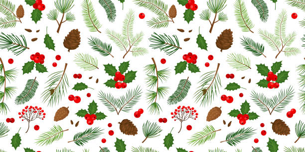 Christmas vector seamless pattern, evergreen plants background, tree, fir, pine and cone, holly berry, leaves branches, holiday winter nature print. Christmas vector seamless pattern, evergreen plants background, tree, fir, pine and cone, holly berry, leaves branches, holiday winter nature print. Cartoon repeat illustration fir tree pine backgrounds branch stock illustrations