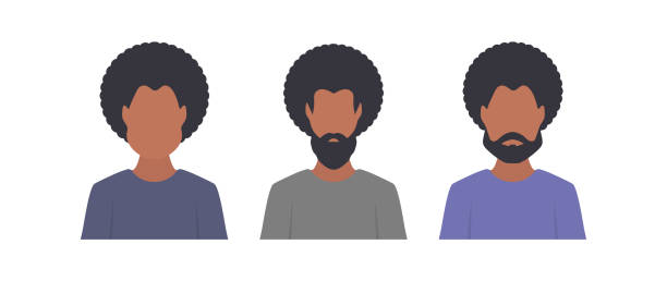 ilustraciones, imágenes clip art, dibujos animados e iconos de stock de retrato de chicos afroamericanos. conjunto de diferentes tipos de hombres negros con y sin barba y bigote - afro man