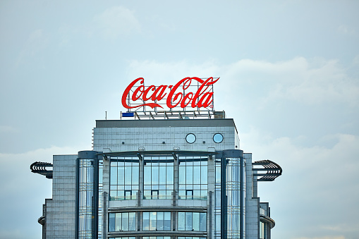 Moscow, Russia, May 8, 2019. Coca-Cola advertising on the roof of a building in the city center.