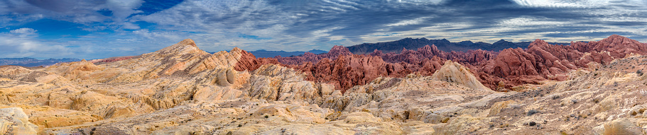 Panorama of the Gibraltar Rock area of Valley of Fire State Park in eastern Nevada.