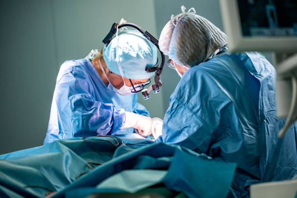Surgeon and his assistant performing cosmetic surgery in hospital operating room. Surgeon in mask wearing loupes during medical procadure stock photo