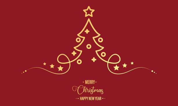 merry christmas vector background design. pine tree new year banner design on red background. - christmas card 幅插畫檔、美工圖案、卡通及圖標