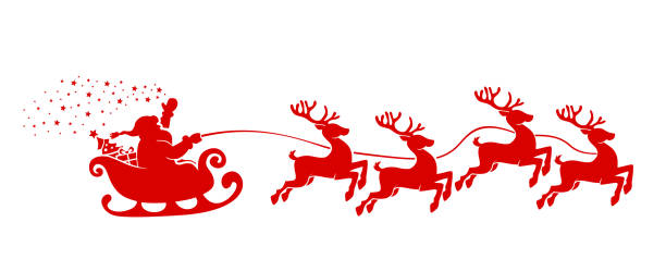 Santa Claus in sleigh with reindeer Santa Claus Silhouette in sleigh full of gifts with reindeers. Merry christmas and Happy new year decoration. Vector on transparent background santa sleigh cutout stock illustrations