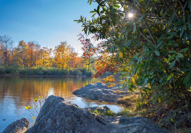 Fall lake  with beautiful rocks in colorful forest.  Autumn lake sceneryPrice Lake by  Blue Ridge Parkway, near Blowing Rock, North Carolina, USA.