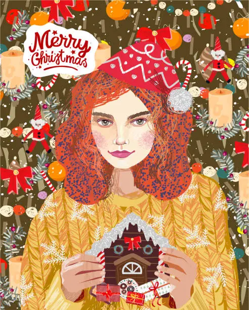 Vector illustration of Merry Christmas and Happy New Year! Vector illustrations of holiday, Christmas tree, gifts, Santa Claus woman and cozy still life. Drawings for card, poster or background