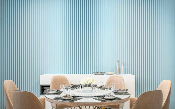 moderna sala da pranzo di lusso con tavolo rotondo e decorazione - plate dinning table blue foto e immagini stock