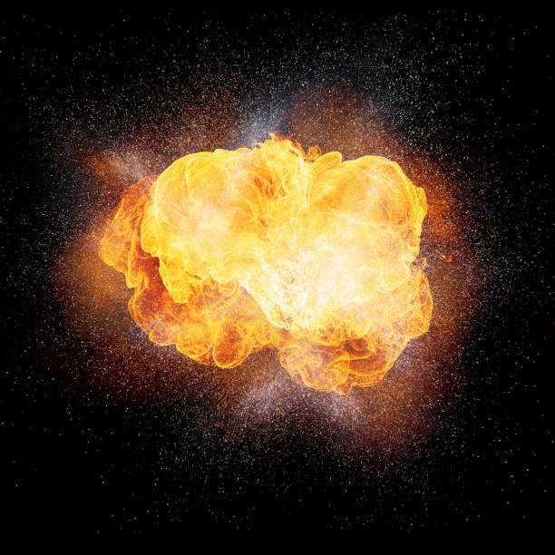 istock Realistic fiery explosion with sparks and smoke isolated on black background 1352338927