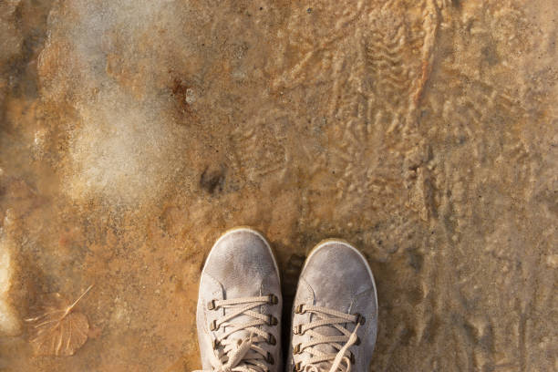 istock Feet snow puddles. 1352338956