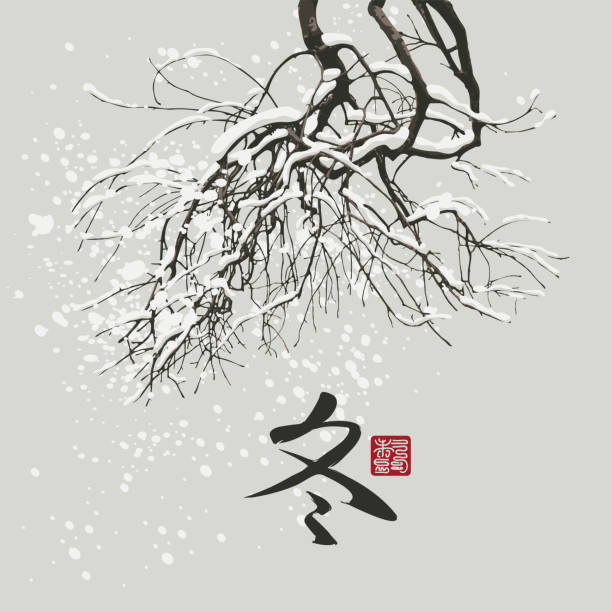 banner with branches and chinese hieroglyph Winter vector art illustration