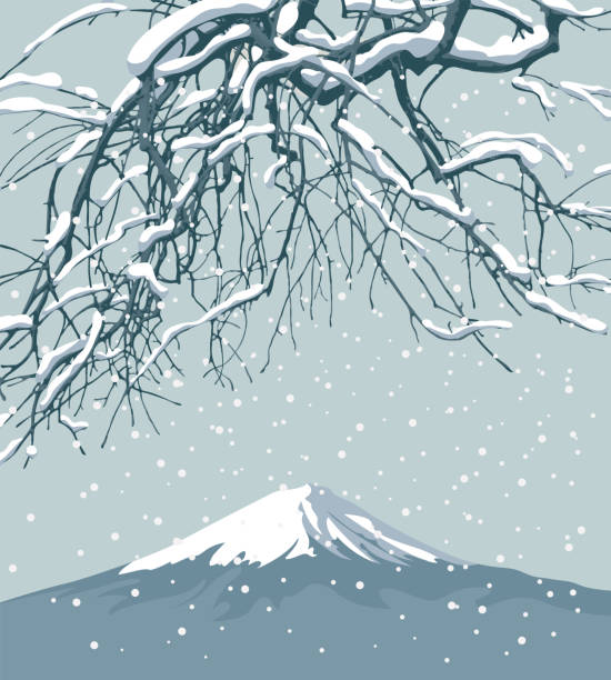 winter landscape with snowy tree and mountain vector art illustration