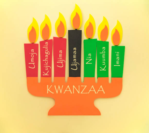 Happy Kwanzaa Greeting Card Background Happy Kwanzaa Greeting Card Background. Candleholder made from paper with Kwanzaa Principles in Swahili - Unity, Self-Determination, Ujima, Cooperative Economics, Purpose, Creativity, Faith kwanzaa stock pictures, royalty-free photos & images