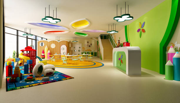 3d render of kindergarten room, kids school interior 3d render of kindergarten room, kids school interior playroom stock pictures, royalty-free photos & images