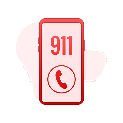 911 smartphone in flat style. Call icon vector. Hand holding smartphone. First aid. Finger touch screen. Vector stock illustration