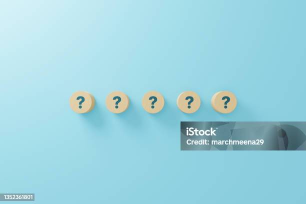Wooden Block Shape With Sign Question Mark Symbol On Blue Background 3d Render Illustration Stock Photo - Download Image Now