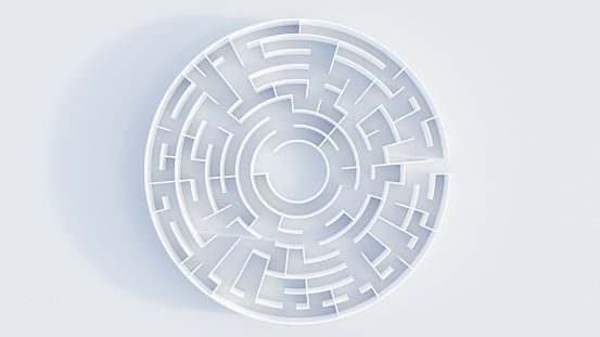 3d rendering circular maze in top view on white background.