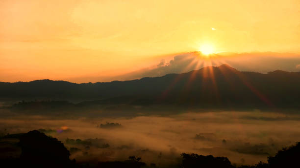 istock Scenic view dramatic beautiful sunset sky. Natural Sunset Sunrise on meadow silhouette shadow dark land. Vibrant dramatic sky on sunset, dawn, sunrise in Countryside. Landscape Colorful Sky At Sunset 1352369786