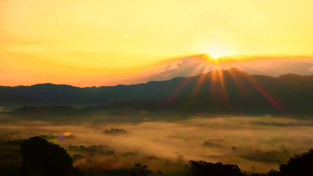 istock Scenic view dramatic beautiful sunset sky. Natural Sunset Sunrise on meadow silhouette shadow dark land. Vibrant dramatic sky on sunset, dawn, sunrise in Countryside. Landscape Colorful Sky At Sunset 1352369795