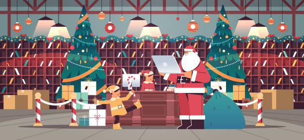 ilustraciones, imágenes clip art, dibujos animados e iconos de stock de santa claus con elfos preparando regalos para la celebración de año nuevo y navidad moderna - santa hat christmas hat headwear