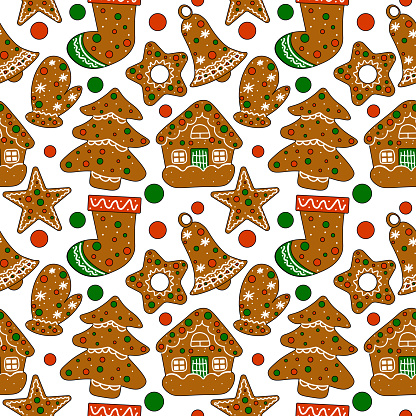 Seamless Christmas pattern. gingerbread stars , house and  bell on a white background . christmas tree and a caramel cane . festive New Year's design for packaging , fabric , printing .