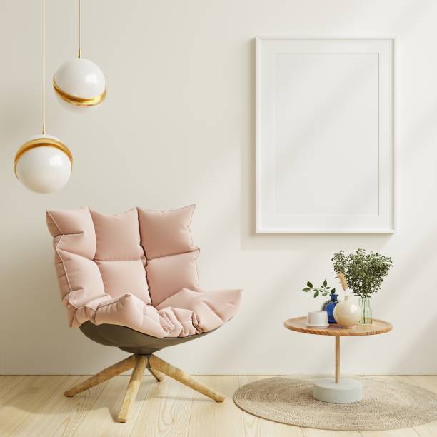 istock Poster mockup with vertical frames on empty white wall in living room interior with pink velvet armchair. 1352373027