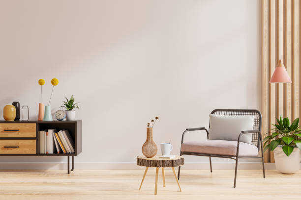 istock Living room interior with armchair on empty white wall background. 1352373039