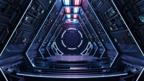 istock Futuristic sci fi empty podium in room with for product presentation. 1352373101