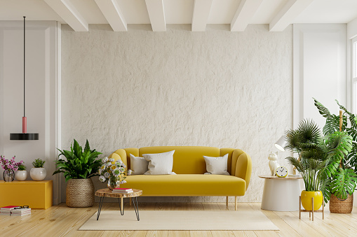 White wall living room with cozy luxury yellow sofa.3d rendering