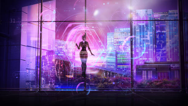 istock The flying robot works with the interface of the future, 3D render. 1352374030
