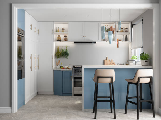 modern kitchen interior with kitchen island, blue and white cabinets and chairs - dishwasher cooking bildbanksfoton och bilder