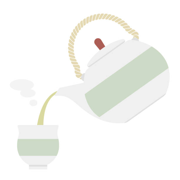 ilustrações de stock, clip art, desenhos animados e ícones de japanese teapot kyusu and japanese tea cup yunomi. pouring japanese tea into a teacup. - tea cup tea green tea chinese tea