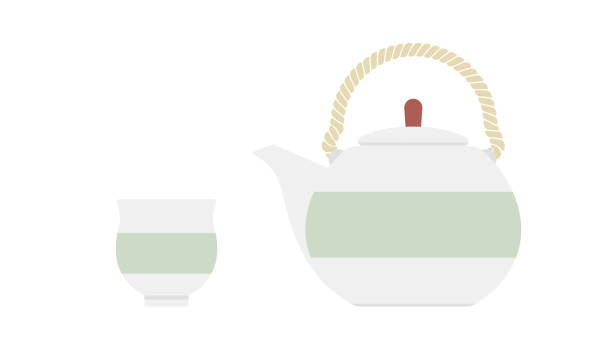 ilustrações, clipart, desenhos animados e ícones de bule japonês kyusu e xícara de chá japonesa yunomi. - tea cup tea green tea chinese tea