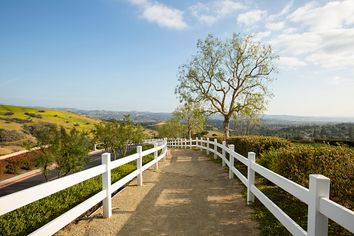 Daytime view of a public trail and city view of Yorba Linda, California, USA.