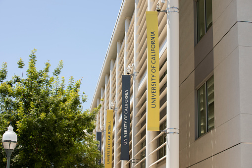 Merced, California, USA - July 15, 2021:  Sunlight shines on a UC Merced building in downtown Merced.
