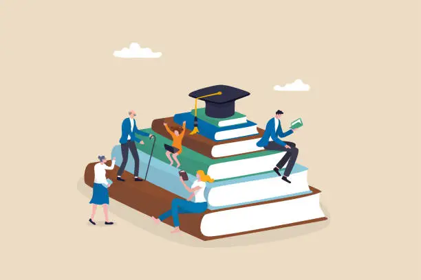 Vector illustration of Lifelong learning, self study to motivate and improve skill development, continue learn new knowledge for life long concept, people in different age reading new books and study online on book stacked.