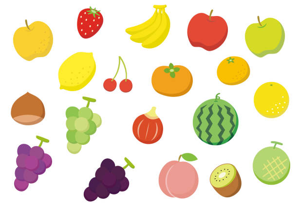 ilustraciones, imágenes clip art, dibujos animados e iconos de stock de icono del juego de frutas - frutas