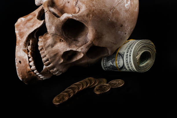 Skull and crossbones made out of microplastic as concept of water plastic pollution and global warming