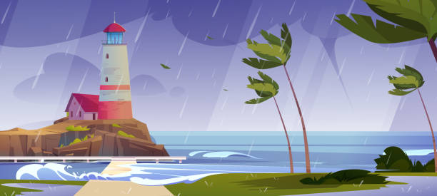 ilustrações, clipart, desenhos animados e ícones de farol na costa do mar na tempestade, edifício de farol - lighthouse storm sea panoramic
