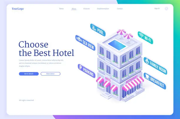 Vector illustration of Choose best hotel isometric landing page, booking